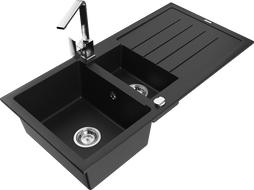 Mexen Andres granito plautuvė 1,5 skylių su nutekėjimu ir virtuviniu maišytuvu Rita, juodas - 6515-77-670300-00