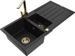 Mexen Andres granito plautuvė 1,5 kamerų su lašintuvu ir virtuviniu maišytuvu Rita, juoda - 6515-77-670300-50