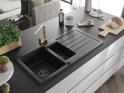 Mexen Andres granitinė kriauklė su 1,5 kameromis, nutekamąja dalimi ir Rita virtuviniu maišytuvu, juoda