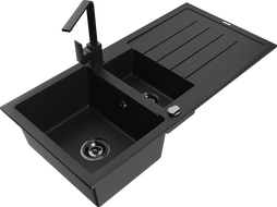 Mexen Andres granitinė 1,5 kamerų plautuvė su nusausinimo lentyna ir virtuvės čiaupu Rita, juoda - 6515-77-670300-70-B