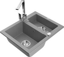 Mexen Carlos granitinis virtuvės kriauklė 1,5 skylių su virtuviniu maišytuvu Rita, pilka - 6518-71-670300-00