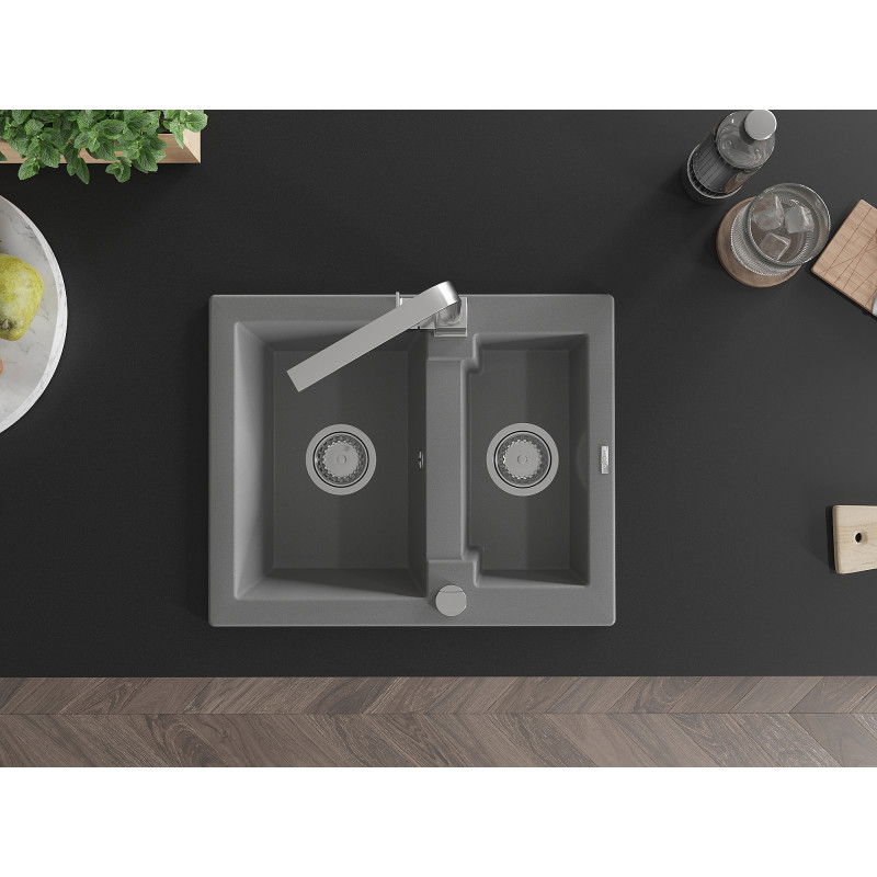 Mexen Carlos granitinis virtuvės kriauklė 1,5 skylių su virtuviniu maišytuvu Rita, pilka - 6518-71-670300-00
