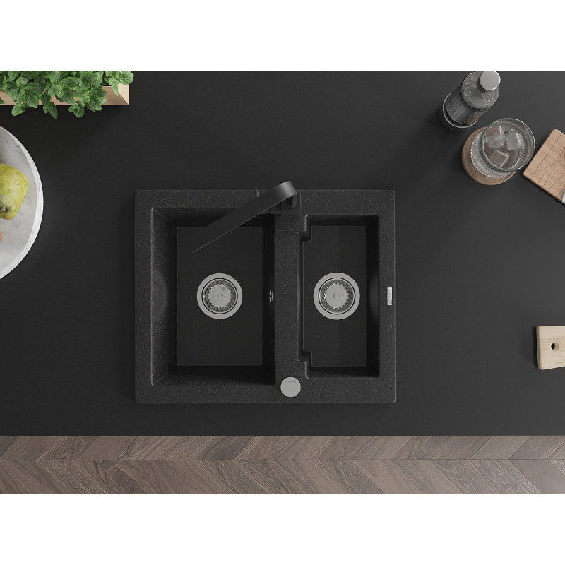 Mexen Carlos granito kriauklė 1,5 kamerų su virtuviniu maišytuvu Rita, juodas/sidabrinis metalikas - 6518-73-670300-70