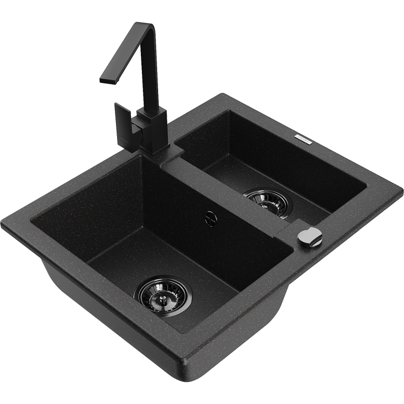 Mexen Carlos granitinė kriauklė 1,5 skyrių su Rita virtuvine baterija, juoda/sidabrinė metalikas - 6518-73-670300-70-B