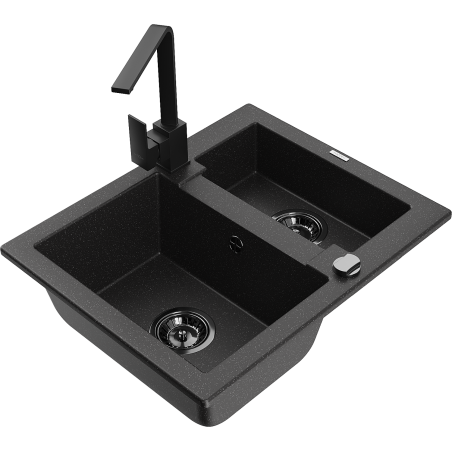 Mexen Carlos granitinė kriauklė 1,5 skyrių su Rita virtuvine baterija, juoda/sidabrinė metalikas - 6518-73-670300-70-B