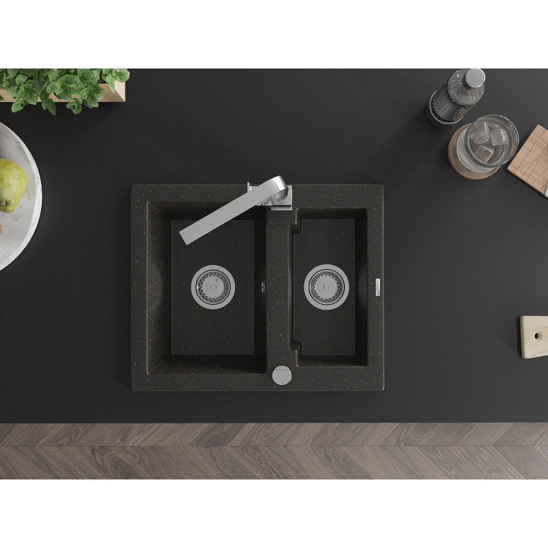 Mexen Carlos granito plautuvė 1,5 kamerų su virtuviniu maišytuvu Rita, juoda/auksinė metalik - 6518-75-670300-00