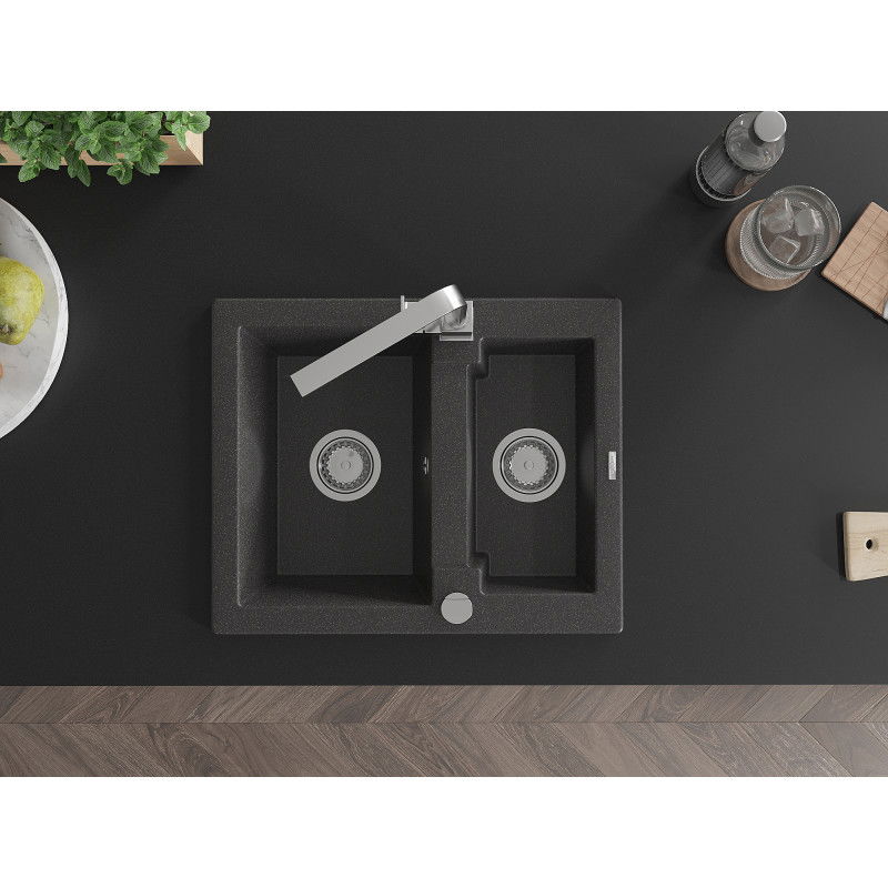 Mexen Carlos granito plautuvė 1,5 kambario su virtuviniu maišytuvu Rita, juodas su taškeliais - 6518-76-670300-00