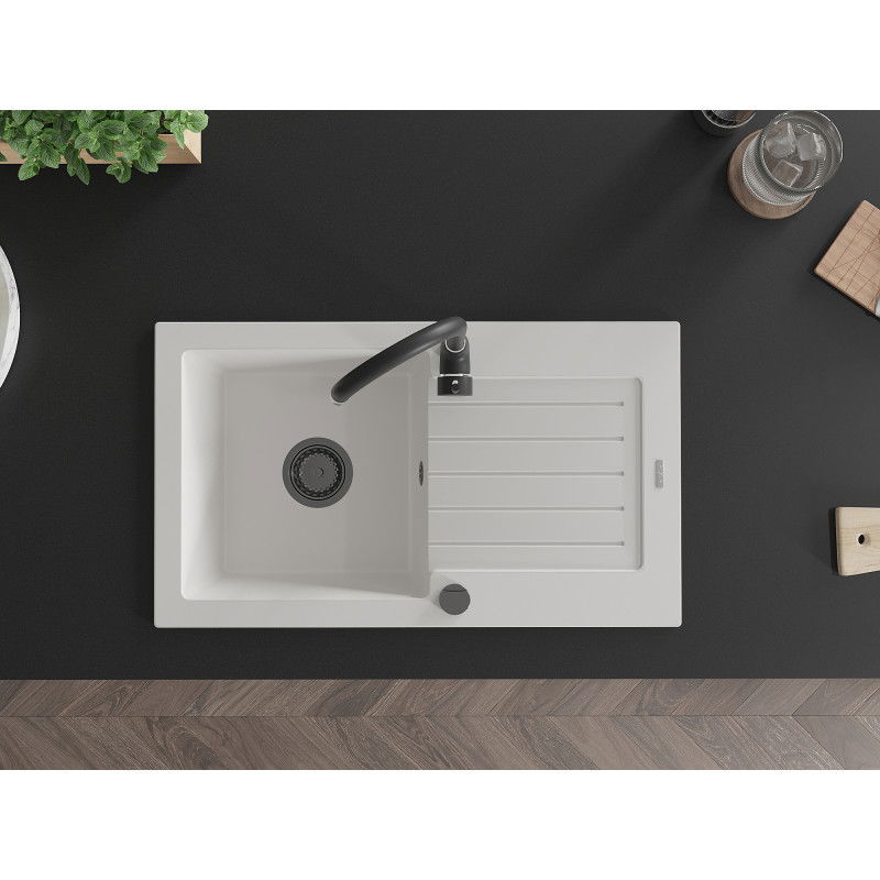 Mexen Pablo granitinė vienos kameros kriauklė su lašeline ir virtuviniu maišytuvu Telma, balta - 6510-20-670200-70