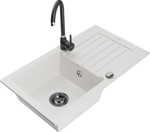 Mexen Pablo granitinė vienos kameros kriauklė su lašeline ir virtuviniu maišytuvu Telma, balta - 6510-20-670200-70