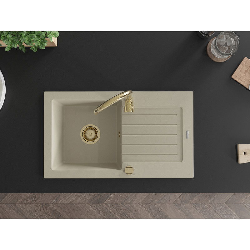 Mexen Pablo granito plautuvė 1 skyrius su nusausintoju ir virtuvės maišytuvu Telma, smėlio spalvos - 6510-69-670200-50
