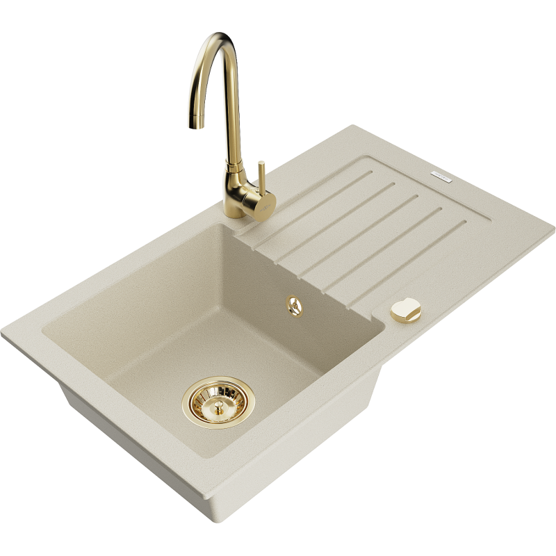 Mexen Pablo granito plautuvė 1 skyrius su nusausintoju ir virtuvės maišytuvu Telma, smėlio spalvos - 6510-69-670200-50