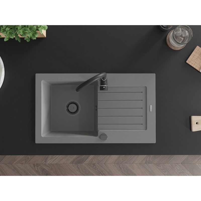 Mexen Pablo 1 kamerų granitinė plautuvė su nuvarvėtoju ir virtuviniu maišytuvu Telma, pilka - 6510-71-670200-70-B