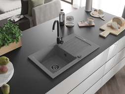 Mexen Pablo 1 kamerų granitinė plautuvė su nuvarvėtoju ir virtuviniu maišytuvu Telma, pilka - 6510-71-670200-70-B