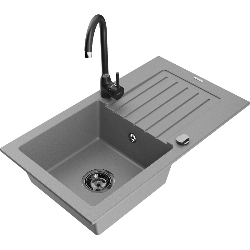 Mexen Pablo 1 kamerų granitinė plautuvė su nuvarvėtoju ir virtuviniu maišytuvu Telma, pilka - 6510-71-670200-70-B