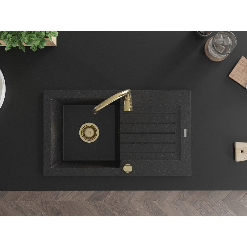 Mexen Pablo granitinė plautuvė su 1 skyriumi, lašintuvu ir virtuviniu maišytuvu Telma, juoda/sidabrinė - 6510-73-670200-50