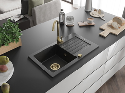 Mexen Pablo granitinė plautuvė su 1 skyriumi, lašintuvu ir virtuviniu maišytuvu Telma, juoda/sidabrinė - 6510-73-670200-50