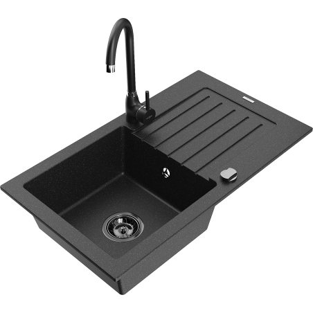 Mexen Pablo Granitinė vienos kameros kriauklė su nusausinimo zona ir virtuviniu maišytuvu Telma, juoda/sidabrinė