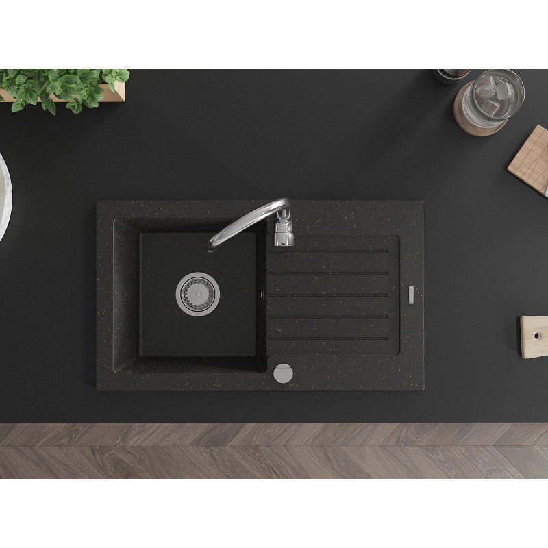 Mexen Pablo vienos dalies granito plautuvė su nusausintuvu ir virtuviniu maišytuvu Telma, juoda/auksinė - 6510-75-670200-00