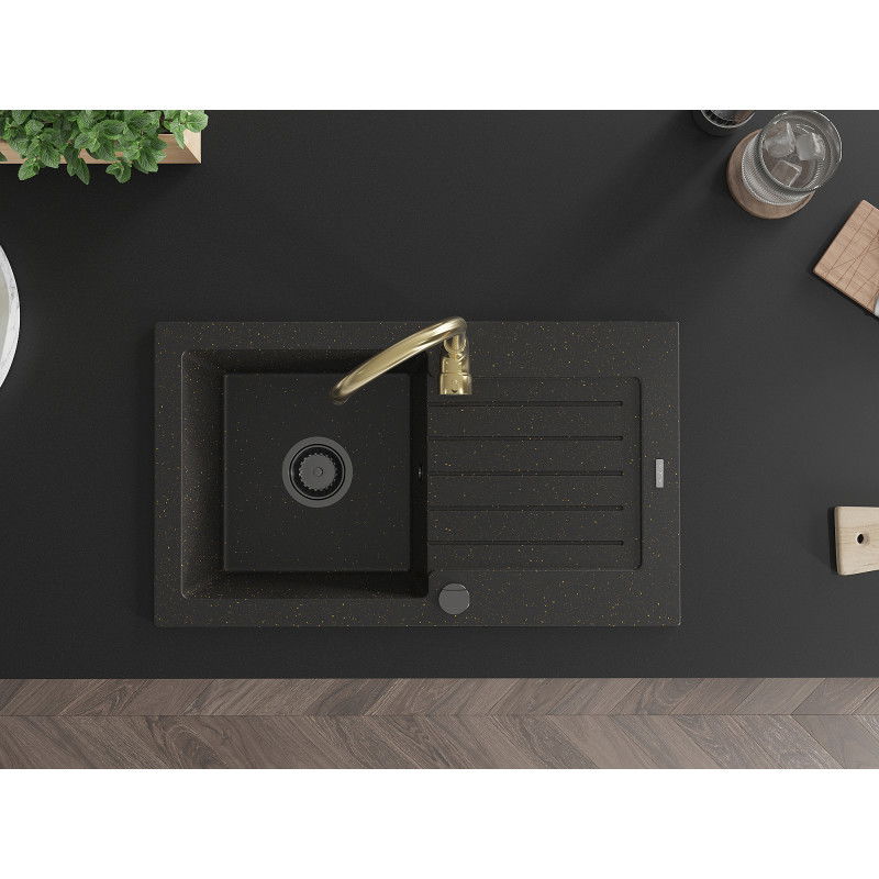 Mexen Pablo granito virtuvės kriauklė, 1 skyrius su nutekėjimu ir virtuvės maišytuvu Telma, juoda/auksinė - 6510-75-670200-50-B