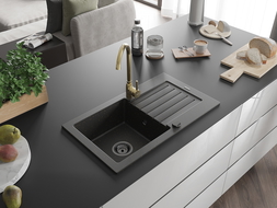 Mexen Pablo granito virtuvės kriauklė, 1 skyrius su nutekėjimu ir virtuvės maišytuvu Telma, juoda/auksinė - 6510-75-670200-50-B