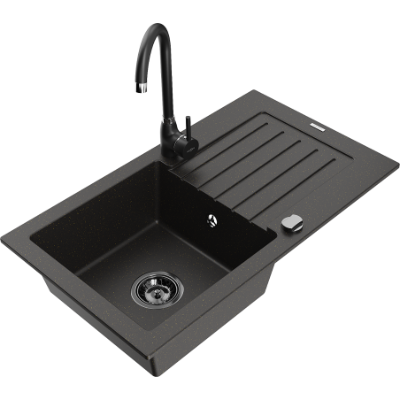 Mexen Pablo granitinė vienos kameros plautuvė su nusausinimo paviršiumi ir virtuvės maišytuvu Telma, juoda/auksinė