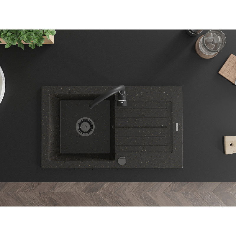 Mexen Pablo granitinė vienos kameros plautuvė su nusausinimo paviršiumi ir virtuvės maišytuvu Telma, juoda/auksinė