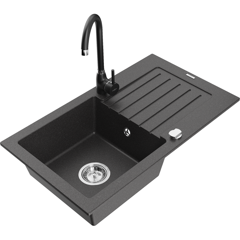 Mexen Pablo granitinė vienos kameros plautuvė su nutekėjimu ir virtuviniu maišytuvu Telma, juoda dengtine