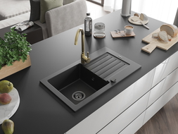 Mexen Pablo granitinė kriauklė 1-dubenėlio su nutekančiu paviršiumi ir virtuviniu čiaupu Telma, juoda - 6510-77-670200-50-B