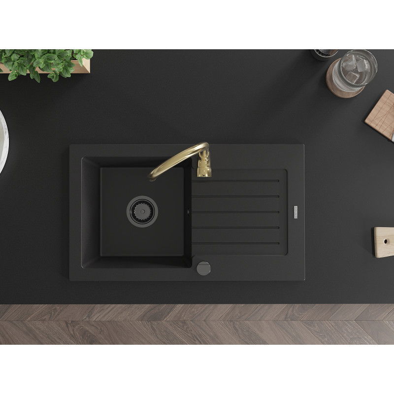 Mexen Pablo granitinė kriauklė 1-dubenėlio su nutekančiu paviršiumi ir virtuviniu čiaupu Telma, juoda - 6510-77-670200-50-B
