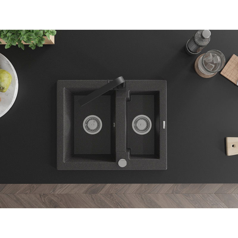 Mexen Carlos 1,5 kamerų granito plautuvė su virtuves maišytuvu Rita, juoda dėmėta - 6518-76-670300-70