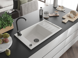 Mexen Elias vienos kamerų granito plautuvė su nutekėjimu ir Telma virtuviniu maišytuvu, balta - 6511-20-670200-70