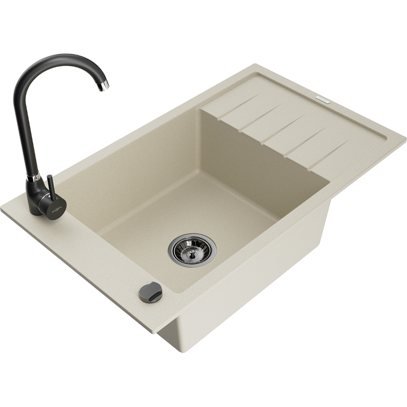 Mexen Elias granitinė vienos kameros plautuvė su nutekamąja plokšte ir virtuviniu maišytuvu Telma, smėlio spalvos