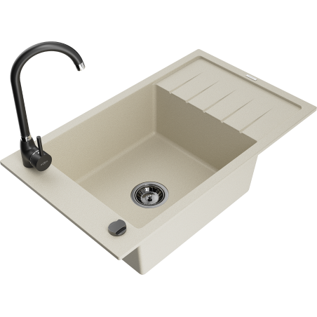 Mexen Elias granitinė vienos kameros plautuvė su nutekamąja plokšte ir virtuviniu maišytuvu Telma, smėlio spalvos