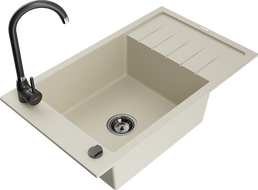 Mexen Elias granitinė vienos kameros plautuvė su nutekamąja plokšte ir virtuviniu maišytuvu Telma, smėlio spalvos