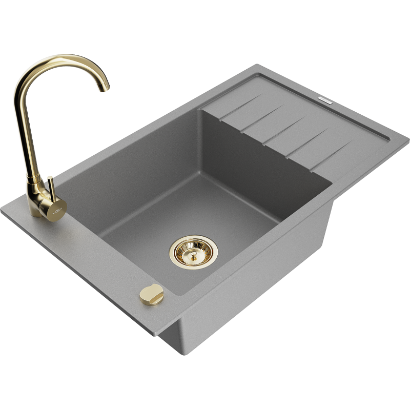 Mexen Elias granitinė vienos kameros plautuvė su nutekėjimu ir Telma virtuviniu maišytuvu, pilka - 6511-71-670200-50