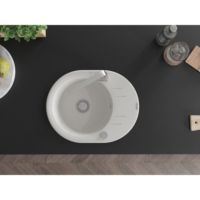 Mexen Kevin granito plautuvė su viena kamera, nutekėjimo zona ir Rita virtuvės maišytuvu, balta - 6517-20-670300-00