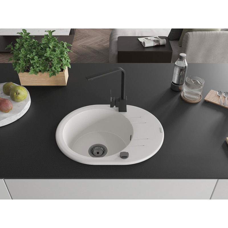 Mexen Kevin granitinė vienos dubens kriauklė su drenažu ir virtuviniu čiaupu Rita, balta - 6517-20-670300-70