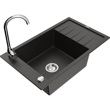 Mexen Elias granitinė vienos kameros plautuvė su nutekamuoju paviršiumi ir virtuvės maišytuvu Telma, juoda/auksinė