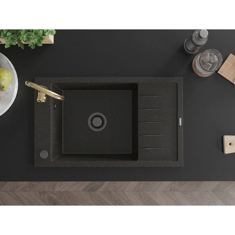 Mexen Elias granitinė vienos kameros plautuvė su indaliumu ir virtuvės maišytuvu Telma, juodas/auksinis - 6511-75-670200-50-B