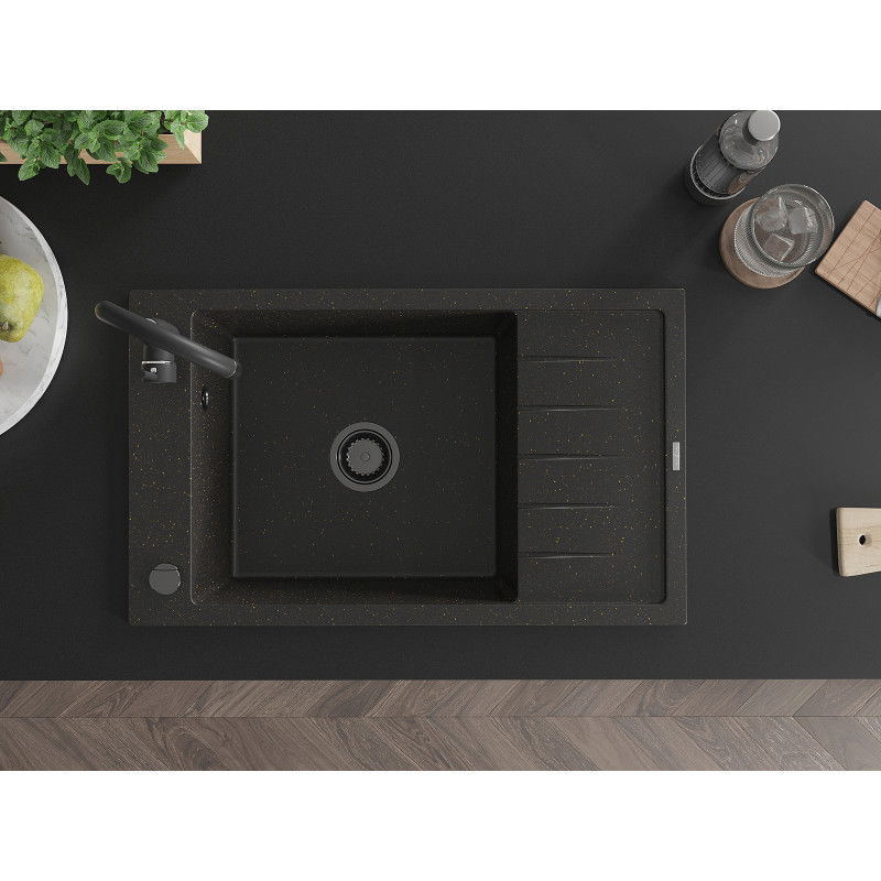 Mexen Elias granitinis vienos dalies plautuvė su nutekėjimu ir virtuviniu maišytuvu Telma, juoda/auksinė - 6511-75-670200-70-B