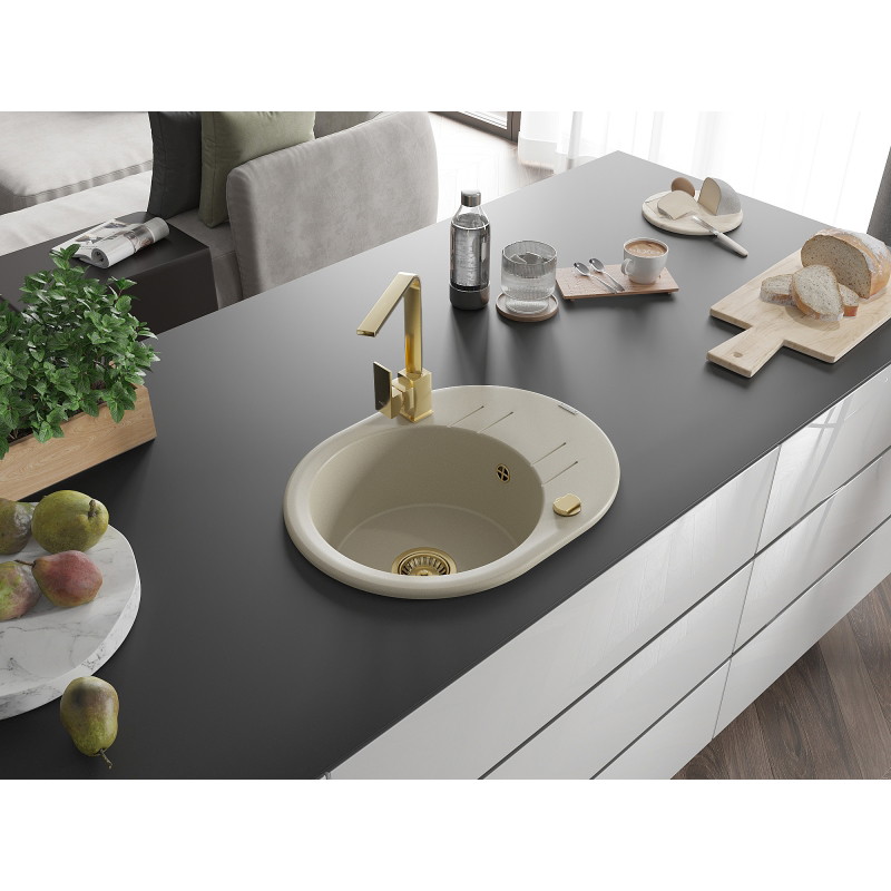 Mexen Kevin granitinė vienos kameros plautuvė su nutekėjimo plokšte ir virtuviniu maišytuvu Rita, smėlio spalvos