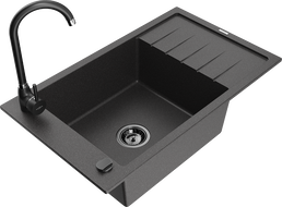 Mexen Elias vienos kameros granitinė kriauklė su nutekamu ir Telma virtuviniu maišytuvu, juoda su dėmelėmis