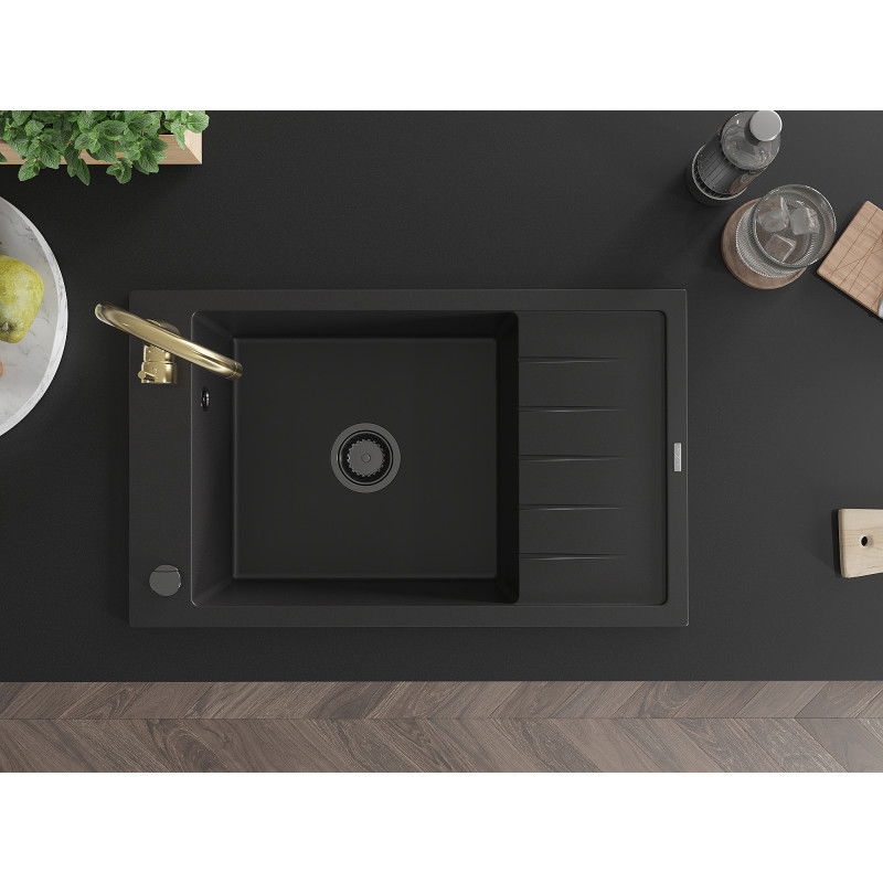 Mexen Elias vienos kameros granito plautuvė su nusausinimo lentele ir virtuviniu maišytuvu Telma, juoda - 6511-77-670200-50-B