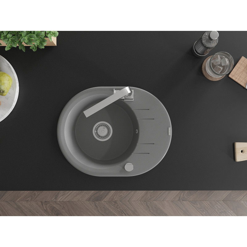 Mexen Kevin granitinė vienos kameros kriauklė su nutekėjimu ir virtuviniu maišytuvu Rita, pilka - 6517-71-670300-00