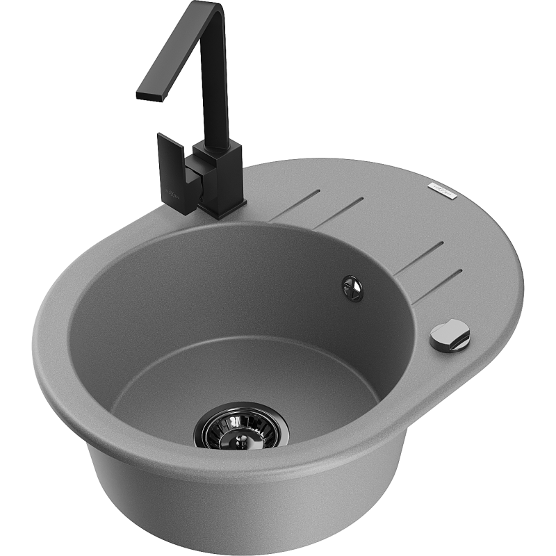 Mexen Kevin granitinė vienos kameros kriauklė su nutekėjimu ir virtuviniu maišytuvu Rita, pilka - 6517-71-670300-70-B