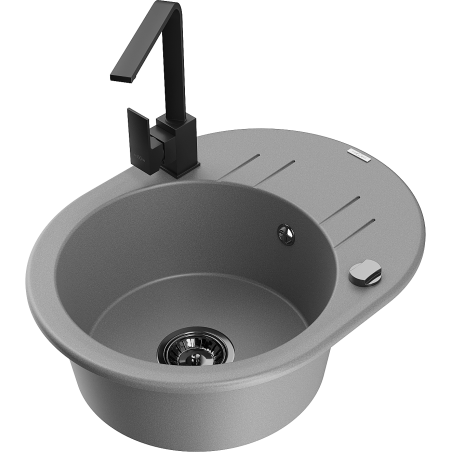 Mexen Kevin granitinė vienos kameros kriauklė su nutekėjimu ir virtuviniu maišytuvu Rita, pilka - 6517-71-670300-70-B