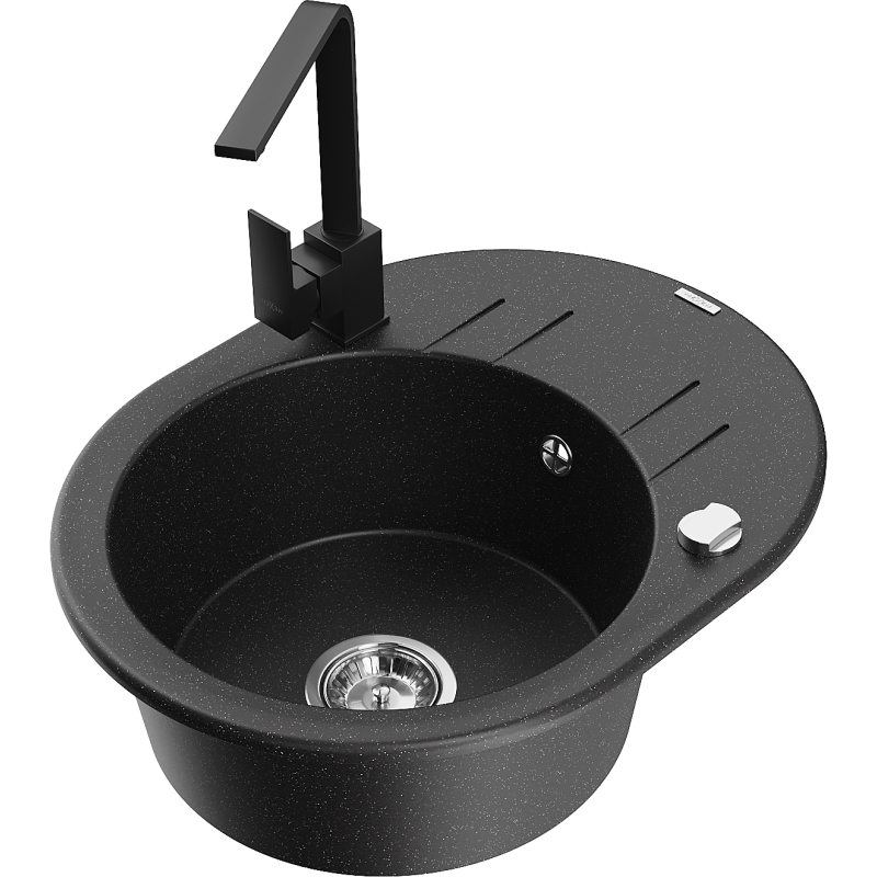 Mexen Kevin granitinė vienos plautuvės kriauklė su nuvarvėjimo lentyna ir virtuviniu maišytuvu Rita, juoda/sidabrinis
