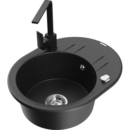 Mexen Kevin granitinė vienos plautuvės kriauklė su nuvarvėjimo lentyna ir virtuviniu maišytuvu Rita, juoda/sidabrinis