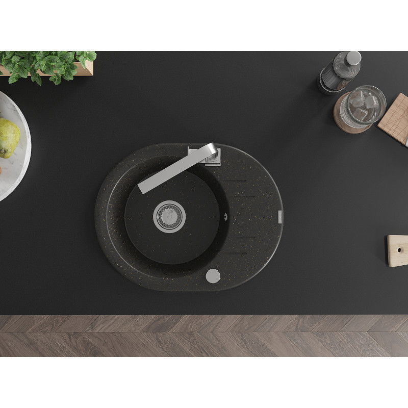 Mexen Kevin granitinė vienos kameros kriauklė su lašėjimo lentyna ir virtuvės maišytuvu Rita, juodas/auksinis metalikas