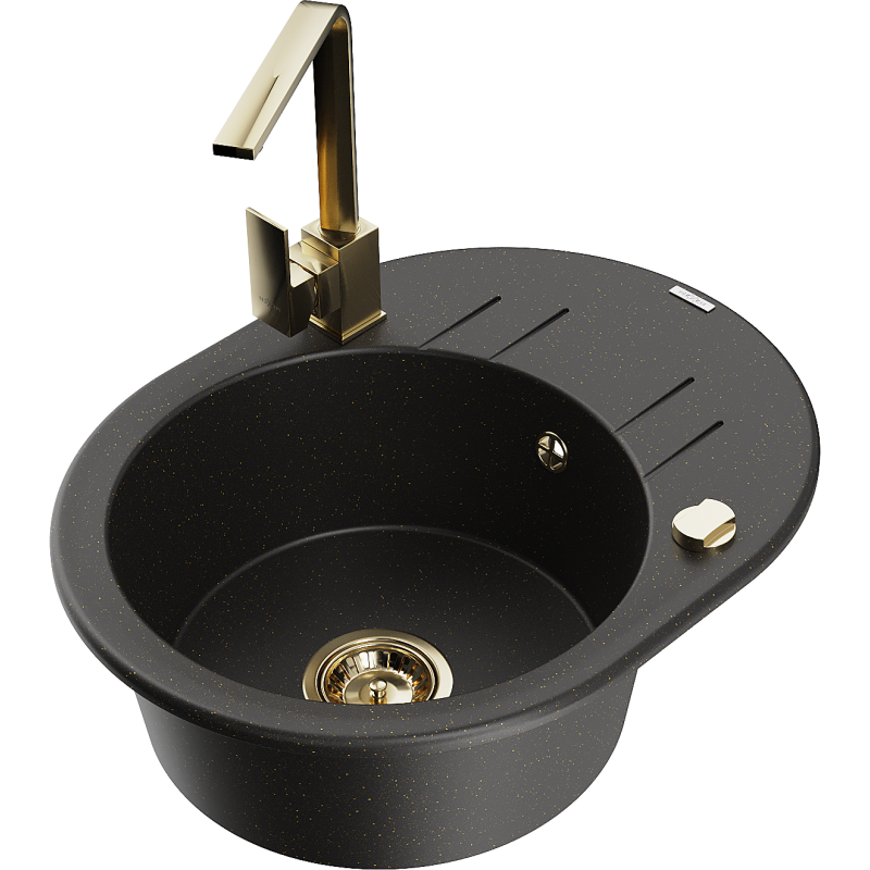 Mexen Kevin granitinė vienos kameros kriauklė su lašintuvu ir virtuviniu maišytuvu Rita, juoda/auksinis metalikas